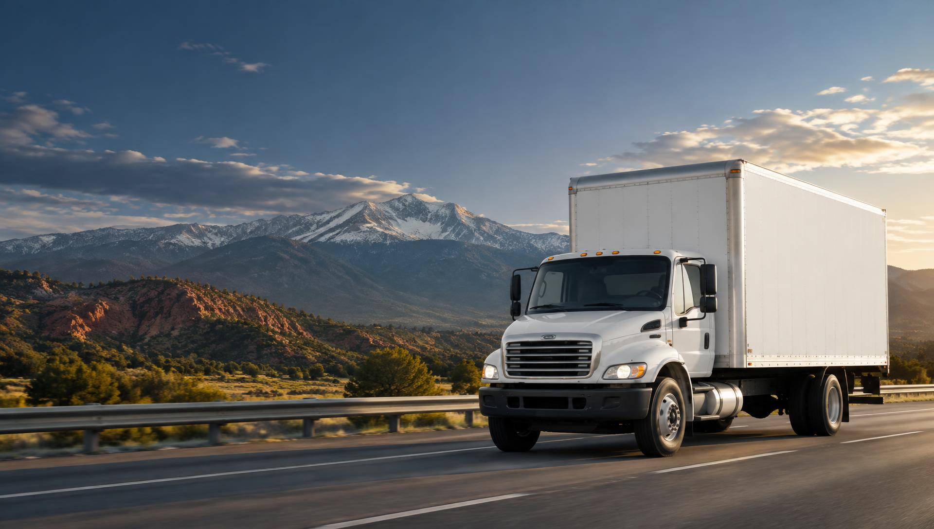 Clean white box truck traveling through the Colorado Rocky Mountains